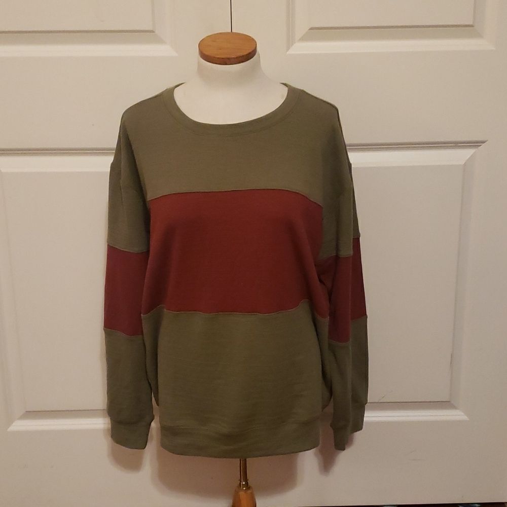 Velvet Heart Olive Green Striped Crew Neck Long Sleeve Top Size Large